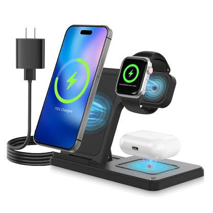 MAKIT 3-in-1 Wireless Charging Station - Portable Fast 15W Mag-Safe Foldable Charger for iPhone 15/14 Pro Max/13/12/11, iWatch 9/8/7/6/5/4/3/2, Airpods 3/2 Pro - Multi-Device Charging Solution with Compact Design