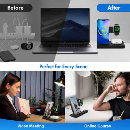 MAKIT 3-in-1 Wireless Charging Station - Portable Fast 15W Mag-Safe Foldable Charger for iPhone 15/14 Pro Max/13/12/11, iWatch 9/8/7/6/5/4/3/2, Airpods 3/2 Pro - Multi-Device Charging Solution with Compact Design