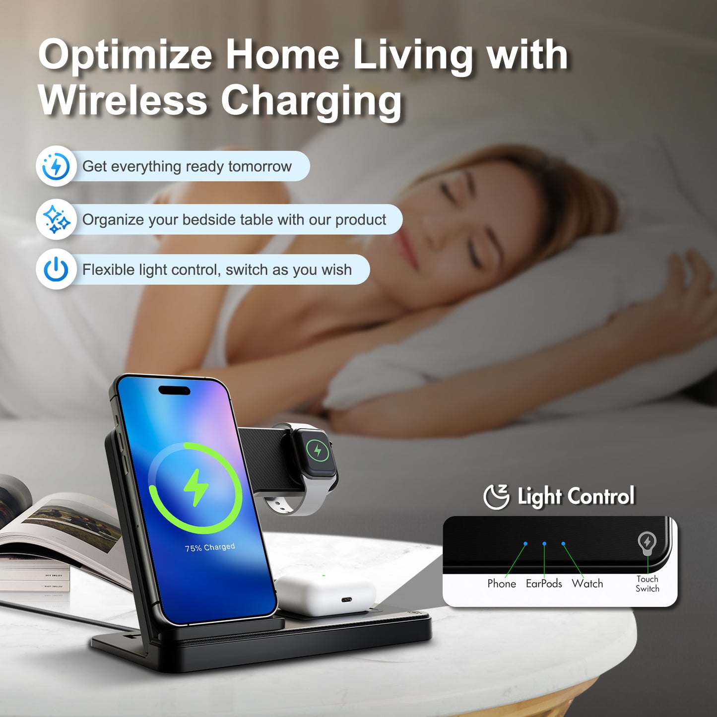 MAKIT 3-in-1 Wireless Charging Station - Portable Fast 15W Mag-Safe Foldable Charger for iPhone 15/14 Pro Max/13/12/11, iWatch 9/8/7/6/5/4/3/2, Airpods 3/2 Pro - Multi-Device Charging Solution with Compact Design