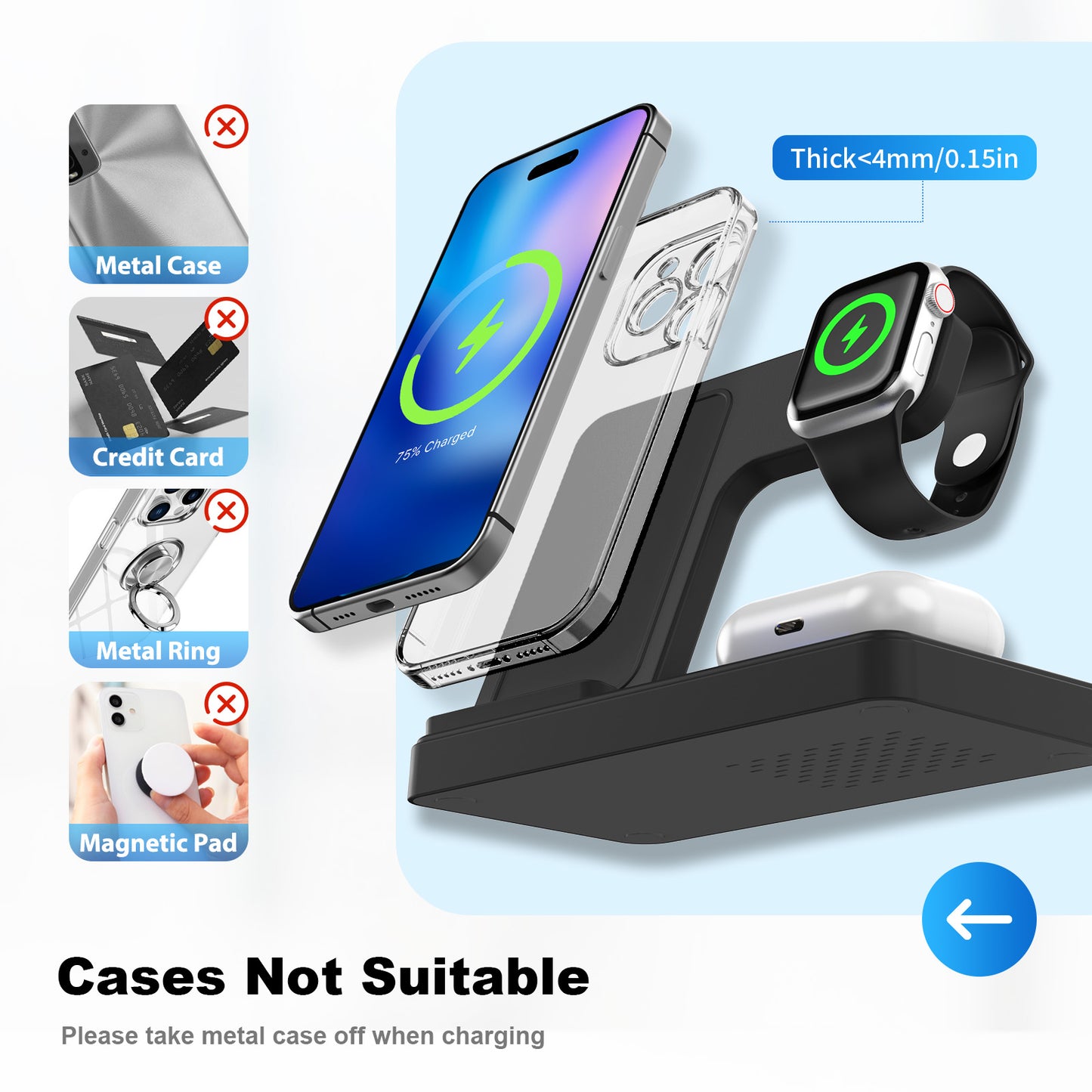 MAKIT 3-in-1 Wireless Charging Station - Portable Fast 15W Mag-Safe Foldable Charger for iPhone 15/14 Pro Max/13/12/11, iWatch 9/8/7/6/5/4/3/2, Airpods 3/2 Pro - Multi-Device Charging Solution with Compact Design