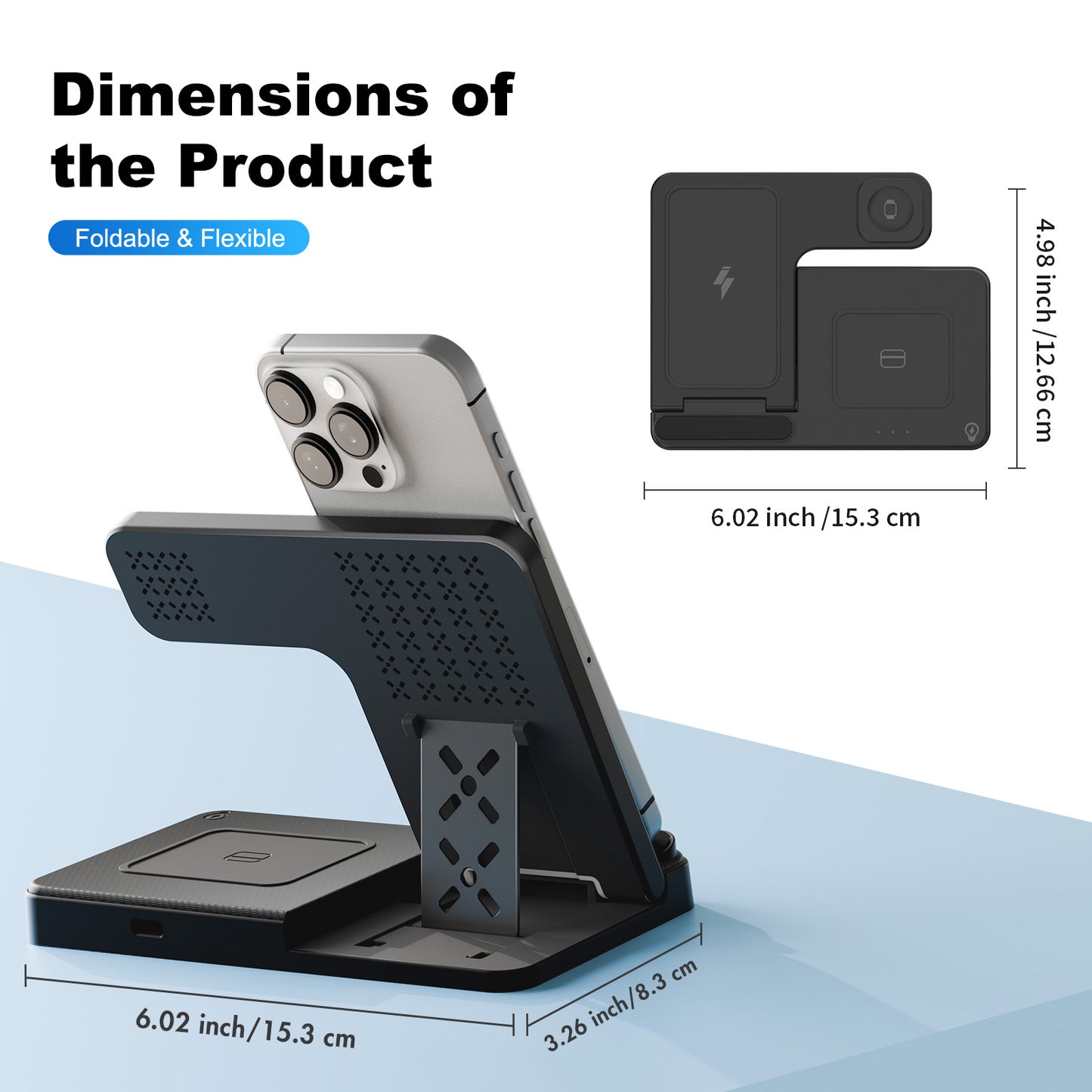 MAKIT 3-in-1 Wireless Charging Station - Portable Fast 15W Mag-Safe Foldable Charger for iPhone 15/14 Pro Max/13/12/11, iWatch 9/8/7/6/5/4/3/2, Airpods 3/2 Pro - Multi-Device Charging Solution with Compact Design