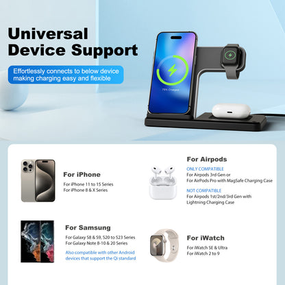 MAKIT 3-in-1 Wireless Charging Station - Portable Fast 15W Mag-Safe Foldable Charger for iPhone 15/14 Pro Max/13/12/11, iWatch 9/8/7/6/5/4/3/2, Airpods 3/2 Pro - Multi-Device Charging Solution with Compact Design